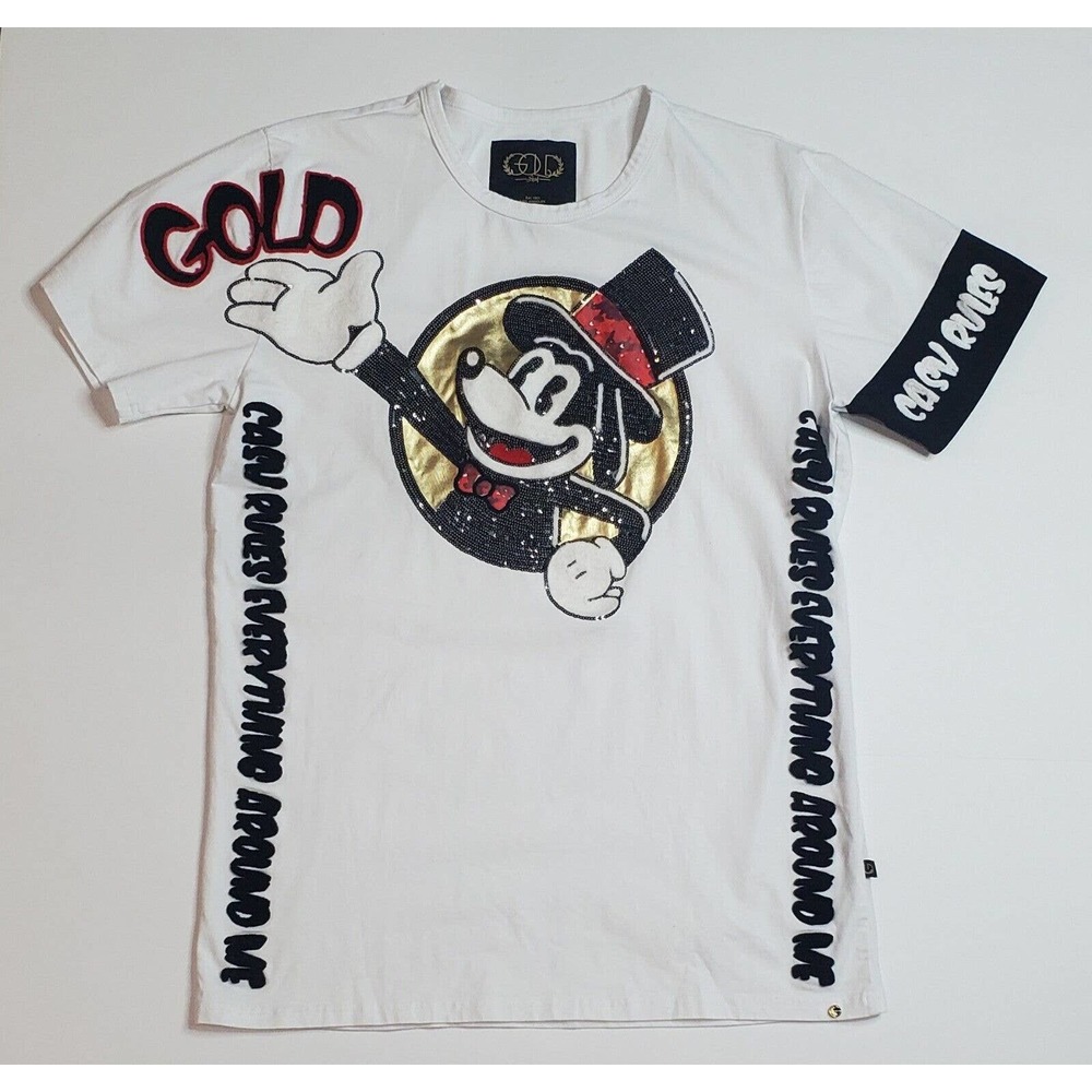 Men's Gold Leaf Brand Mickey Mouse Shirt. White with sequins. Size Medium.